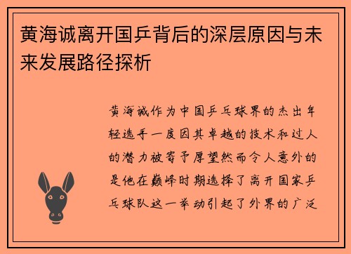 黄海诚离开国乒背后的深层原因与未来发展路径探析 黄海诚离开国乒背后的深层原因与未来发展路径探析